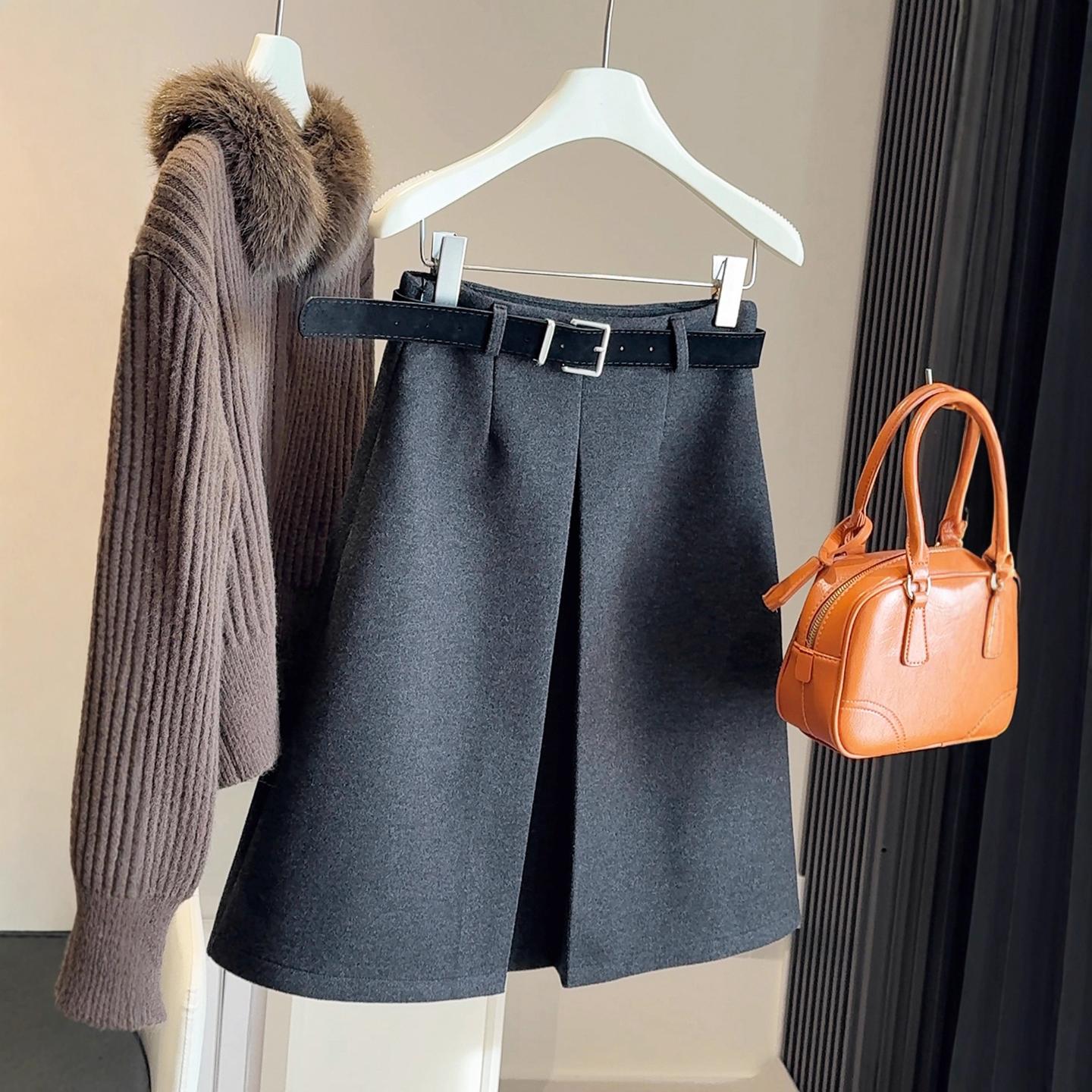 复古韩版气质加厚毛呢半身裙女秋冬新款高腰显瘦开叉百搭a字中裙