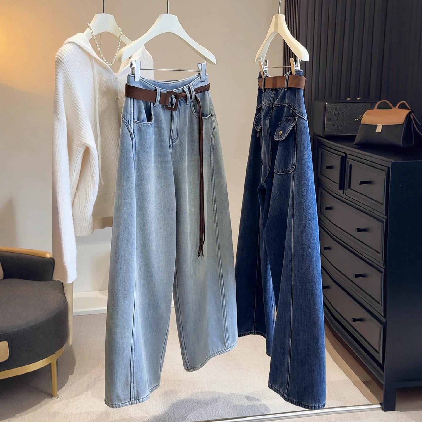 复古高腰加绒阔腿牛仔女裤