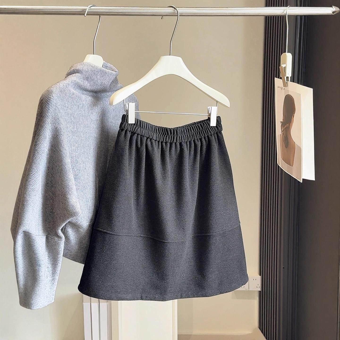 复古纯色微胖MM加厚毛呢半身裙女秋冬2025高腰显瘦A字蓬蓬五分裙