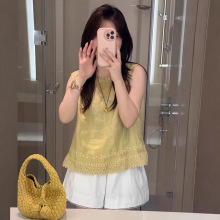 国风夏季新款时尚百搭圆领花边无袖衬衫女刺绣高级感宽松显瘦上衣