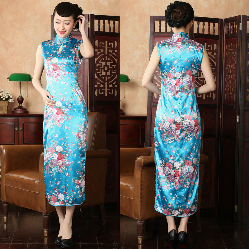  Drip Watermark Flower Long Cheongsam Lake Blue+M (Reference to about 96 catties)  