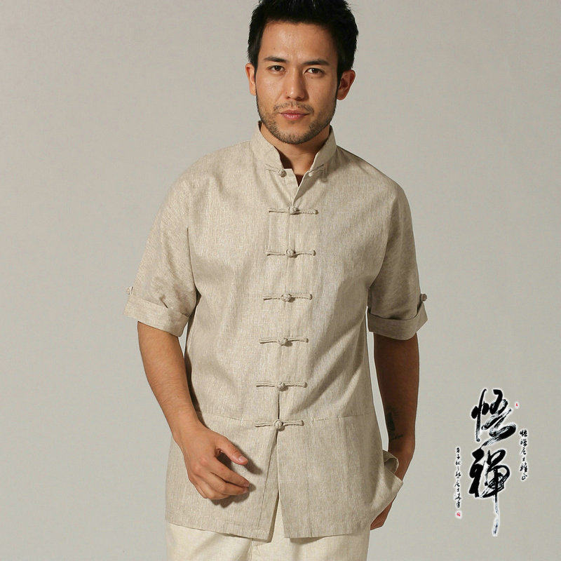 夏装棉麻暗袋唐装男短袖衬衫中国风中青年男汉服禅修居士服男上衣