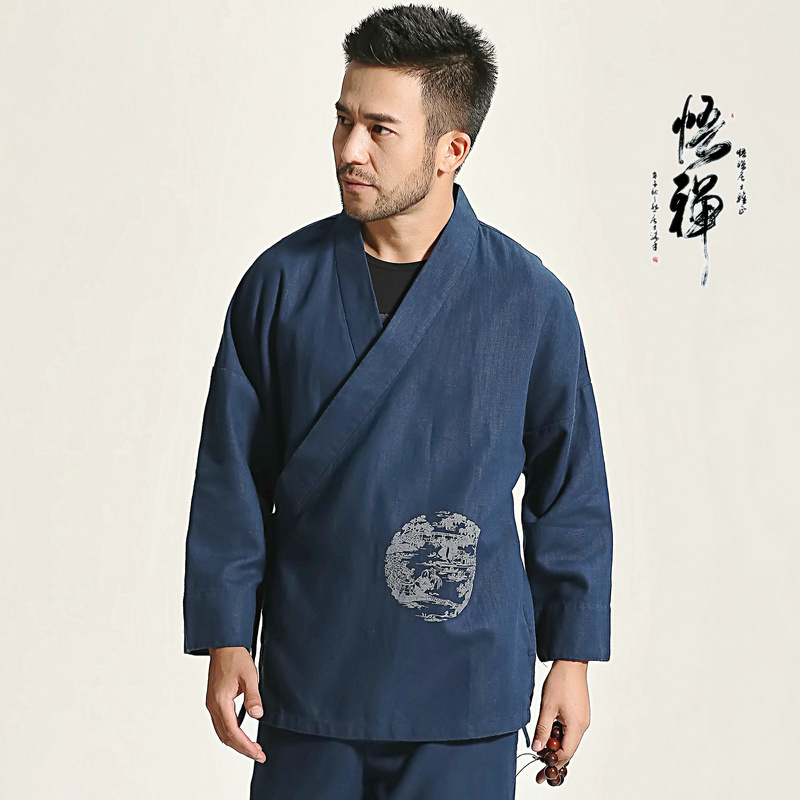 中国风和服领棉麻男青年唐装春秋季长袖外套改良汉服居士功夫上衣