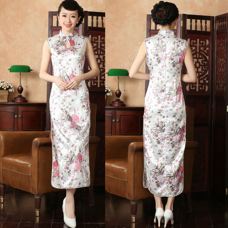  Dripping watermark long cheongsam white+M (Reference to about 96 catties)  