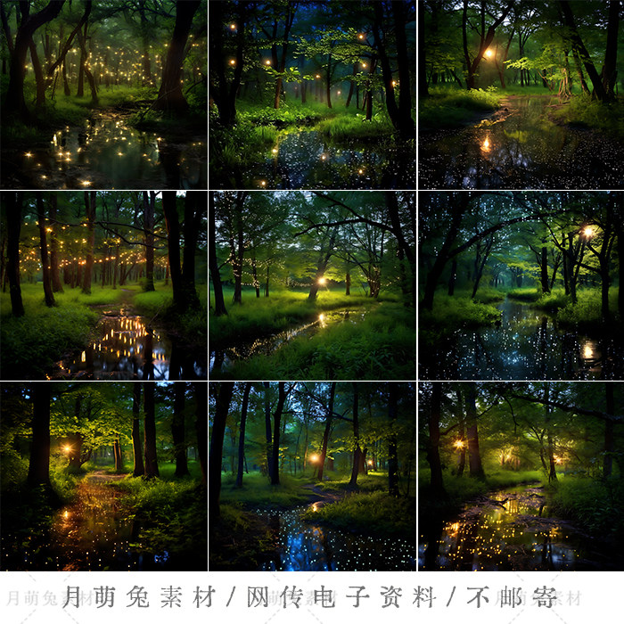 梦幻萤火虫光森林场景插画装饰画海报卡片背景图片jpg素材