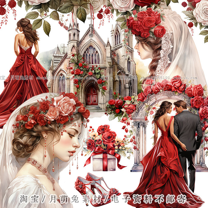 手绘风红色婚礼新娘新人城堡高清剪贴画印花手账png免抠设计素材
