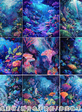 唯美蓝色斑斓海底世界海报卡片背景图片设计Junk Journal素材