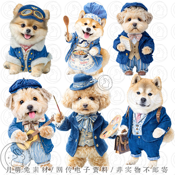 可爱蓝色制服小狗插画装饰手账PNG免抠设计素材