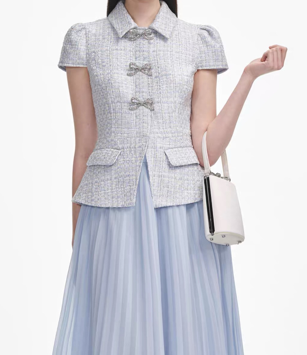 SELF Designer 2025 Spring Blue Bow Tweed Chiffon Dress - Be First! - Product image 4