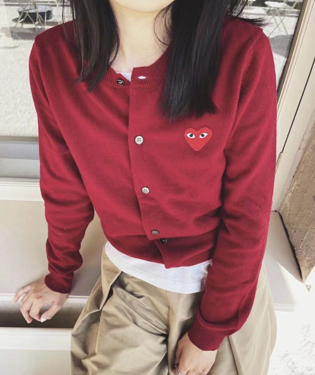 羊毛开衫女款酒红红色爱心新年红毛衣开衫全羊毛