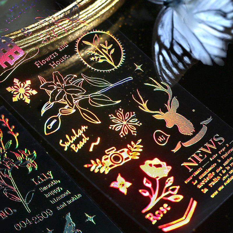 立体烫印镭射pet贴纸炫酷透明七彩反光diy手帐相册装饰素材套装