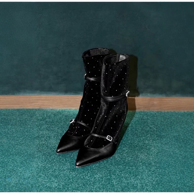 无敌璀璨星河战靴！her娘娘复古丝绒水钻尖头女日系女靴瘦瘦靴