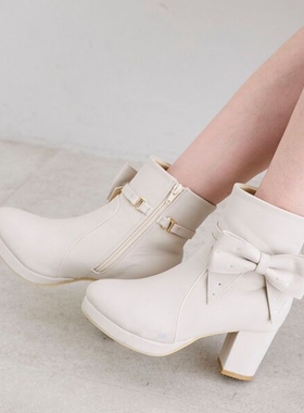 MJ战靴3穿！复古法式优雅大蝴蝶结水钻粗跟踝靴日系女靴短靴女
