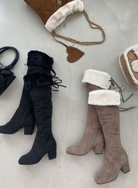 腿精buff！MJ毛毛翻筒两穿复古日系过膝长靴高筒靴长筒靴堆堆靴