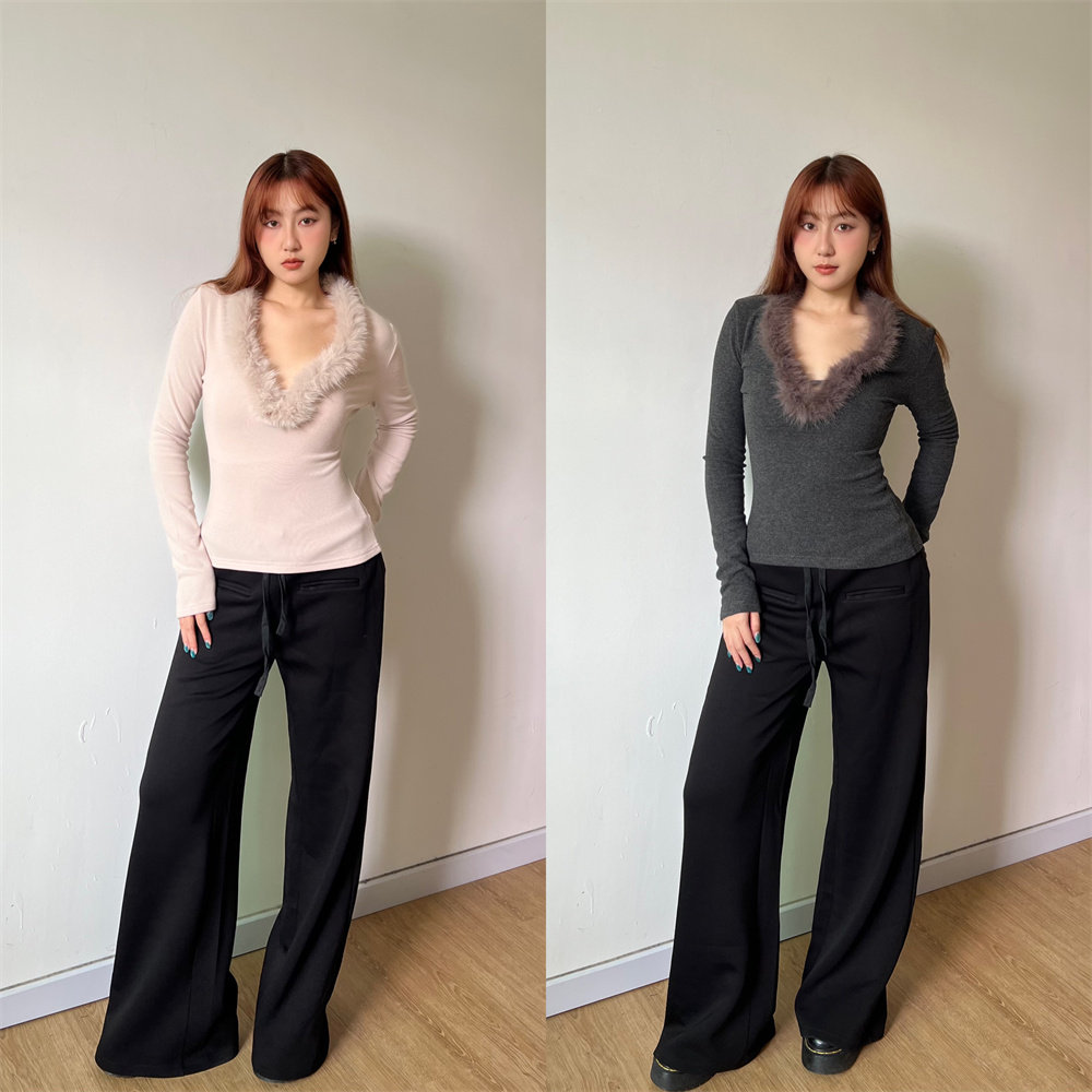 Wild Mi 欧美毛绒V领休闲T恤女秋冬季休闲百搭显瘦辣妹长袖上衣