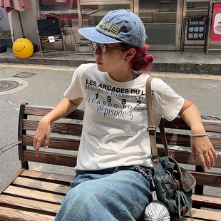 夏季 Wild T恤女2025新款 Mi美式 纯棉印花圆领上衣 复古正肩宽松短袖