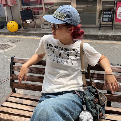Wild Mi美式复古正肩宽松短袖T恤女2025新款夏季纯棉印花圆领上衣