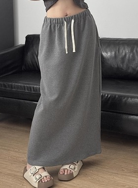 Wild Mi 2025新款灰色长款直筒半身裙女抽绳韩版高腰垂感一步裙子