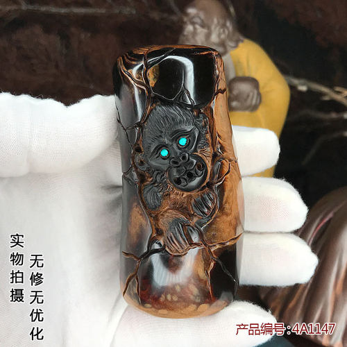 天然黑珊瑚海柳手把车挂摆件收藏工艺品石破天惊齐天大圣猴王包邮
