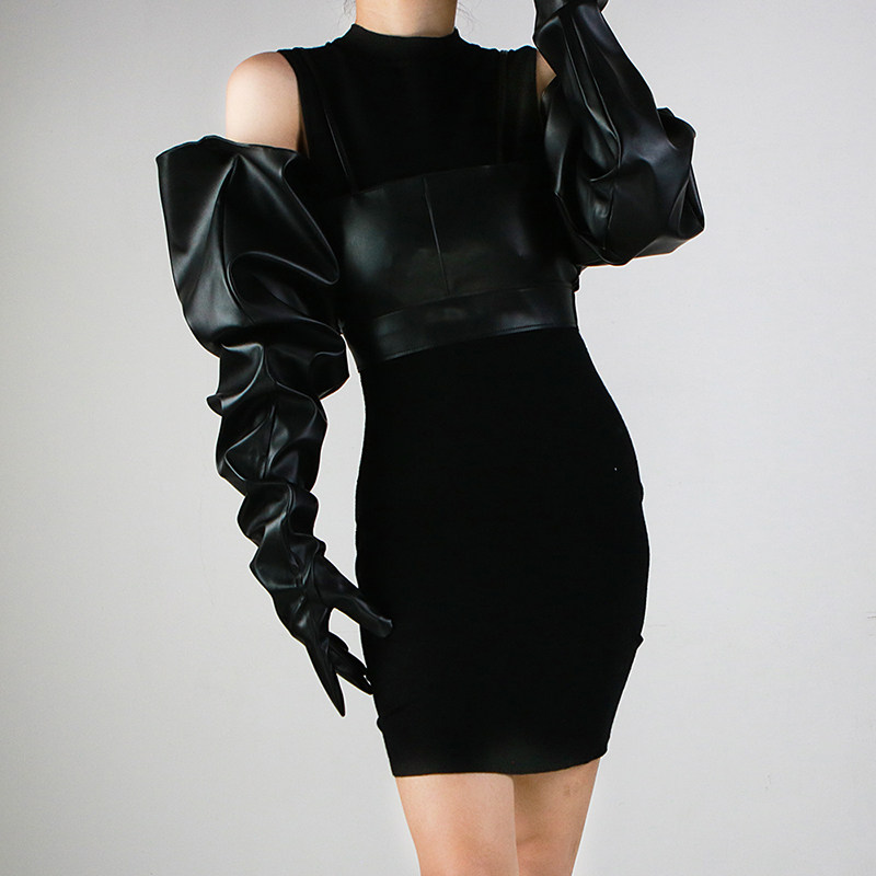 触屏长手套  85cm大袖子宽松蓬蓬袖泡泡袖仿真皮仿皮黑色男女加大