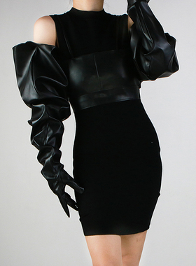 触屏长手套  85cm大袖子宽松蓬蓬袖泡泡袖仿真皮仿皮黑色男女加大