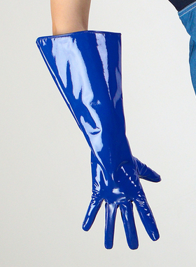 皮手套长款大袖子38cm宽扣蓬蓬袖漆皮蓝色深蓝藏蓝色T台走秀摄影