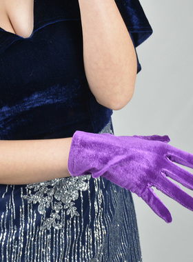 丝绒短款手套  22cm高贵深紫色女款高弹力天鹅绒金丝绒触屏功能