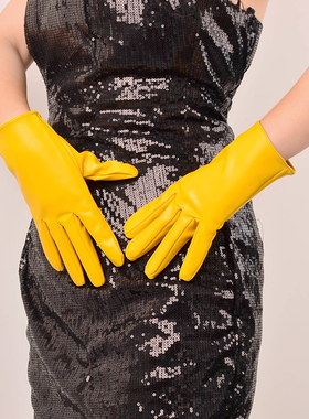 拍照长手套21cm皮手套女短性感仿真皮仿皮羊皮黄色鹅黄色出口品质