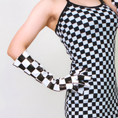 黑白格棋盘格 40cm漆皮仿真皮仿皮亮皮撞色F1方程式 长款 赛车手套