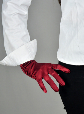 缎面丝绸手套  22cm弹性丝光绸缎面酒红色深红色短款防晒礼服珠宝