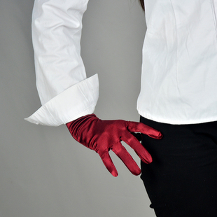 缎面丝绸手套  22cm弹性丝光绸缎面酒红色深红色短款防晒礼服珠宝