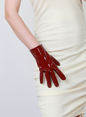 漆皮手套  21cm中长款仿真皮pu仿皮镜面亮皮酒红色暗红色深红色女