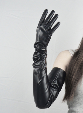 70CM过肘超长款漆皮手套女亮黑触屏仿真PU皮保暖表演拍照cosplay