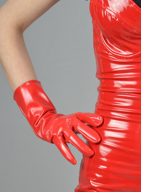 漆皮短手套  28cm亮红色短款仿真皮无内衬性感演出cos摄影百搭