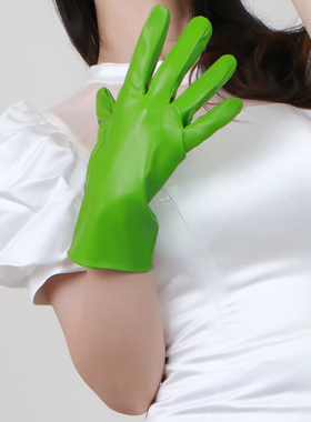 PU短款手套  28cm仿真皮仿皮高弹PU哑光绿色果绿草绿色保暖时尚女
