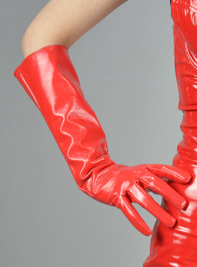 漆皮长手套  40cm亮红色黑长款PU仿真皮仿皮保暖贴手亮皮镜面时尚