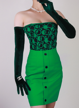 丝绒手套60cm长款墨绿BV绿绿色女款高弹力天鹅绒金丝绒晚宴礼服