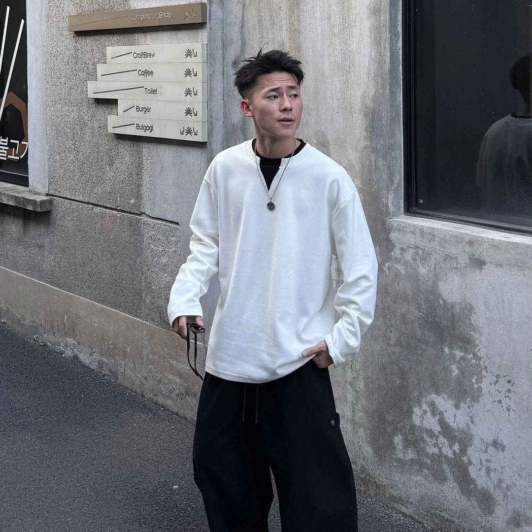 秋季新款美式复古vintageV型棉混纺肌理感假两件长袖T恤卫衣男潮