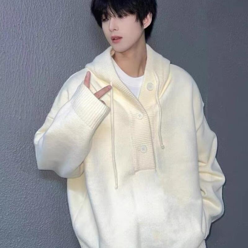 原创秋冬新款重磅针织连帽毛衣男美式纽扣刺绣宽松慵懒风高级上衣