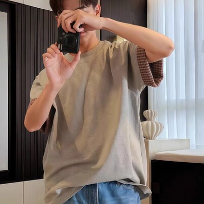 夏季格子翻边设计纯棉短袖T恤