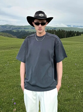 高级感正肩短袖男夏季美式立体肩设计感重磅纯棉300GT恤纯色简约