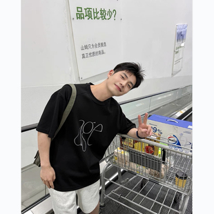 2025新款重磅双纱纯棉300G字母印花圆领短袖T恤男宽松百搭休闲潮