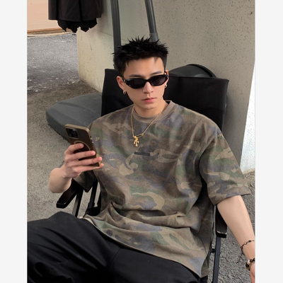 做旧水洗迷彩字母短袖百搭T恤男