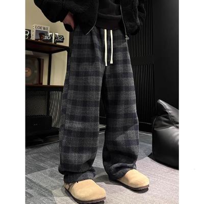 新款重磅棋盘格加绒休闲裤男女同款冬季慵懒风宽松阔腿休闲长裤