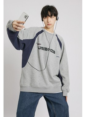 秋冬季新款重磅潮牌设计拼接圆领卫衣男学生宽松休闲套头上衣长袖