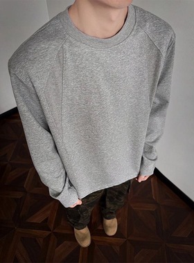 秋季美式复古重磅螺纹拼接长袖t恤男正肩高级感外套潮流打底上衣