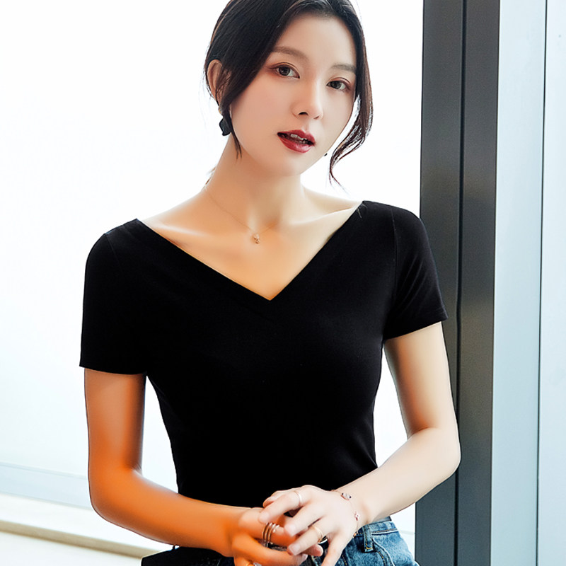 黑色V领打底衫女长袖前后v领上衣2021早春新款修身显瘦t恤