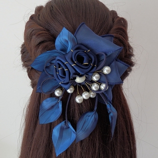 发饰新款头花藏青色蓝色成人仿珍珠吊坠树叶顶夹后脑勺马尾弹簧夹