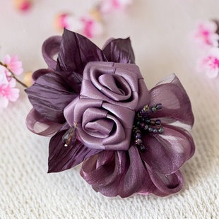新款发夹手工紫色玫瑰蝴蝶结弹簧夹雅致旗袍中式宴会配饰盘发扭夹