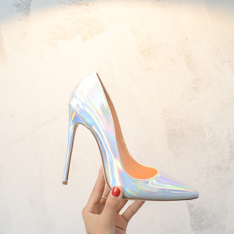 银色尖头镭射12cm超细跟性感女鞋